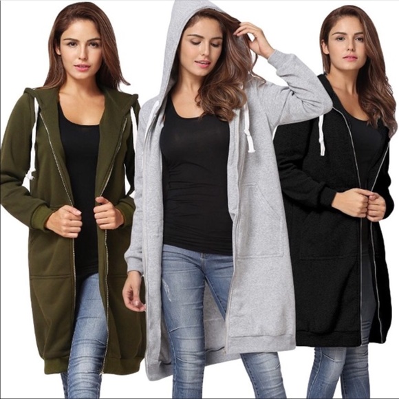 1 Left!  Olive Green Long Maxi Hoodie ZIP Sweater - Picture 7 of 8